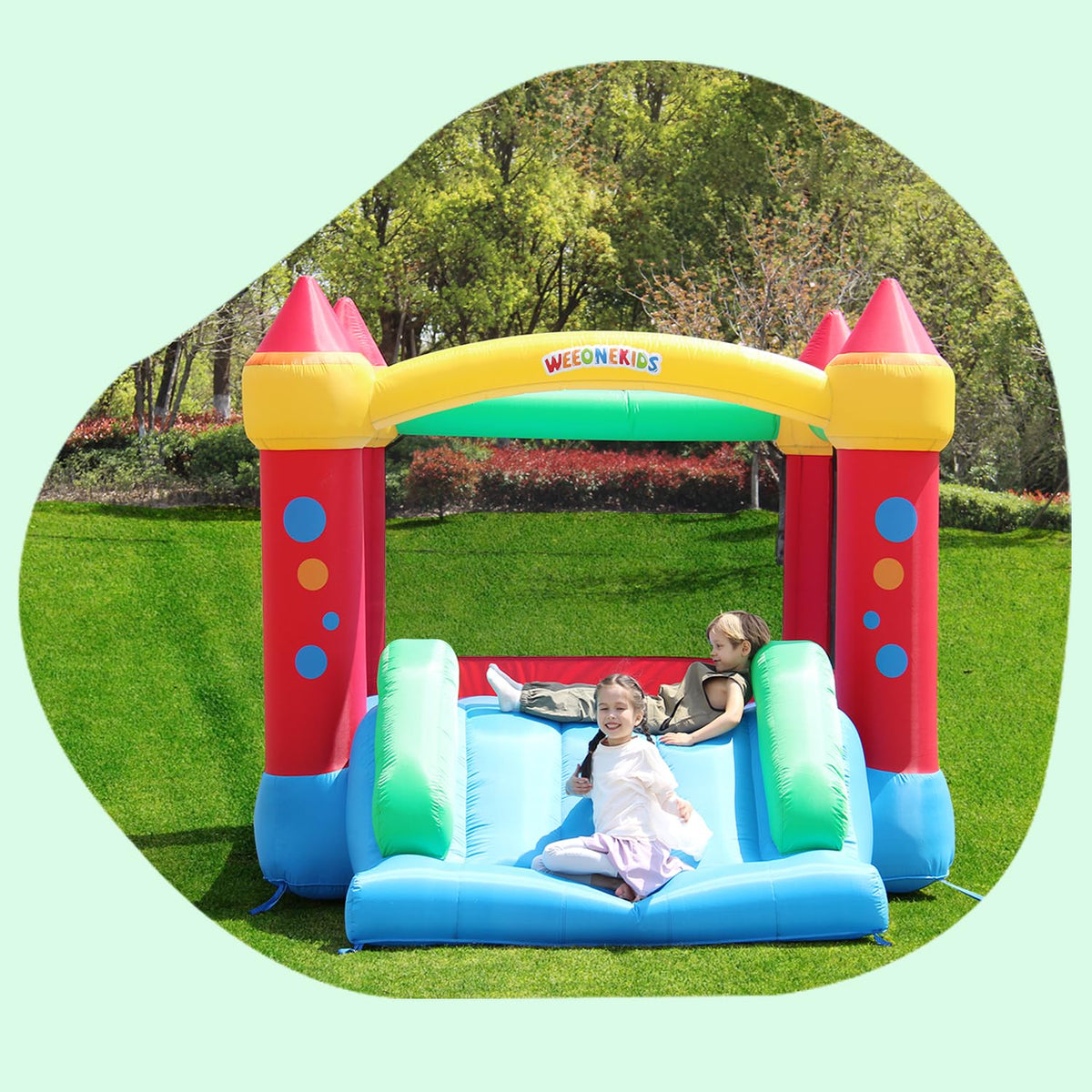 WeeOneKids air bounce house packaging reveals a complete ready-to-use kit.