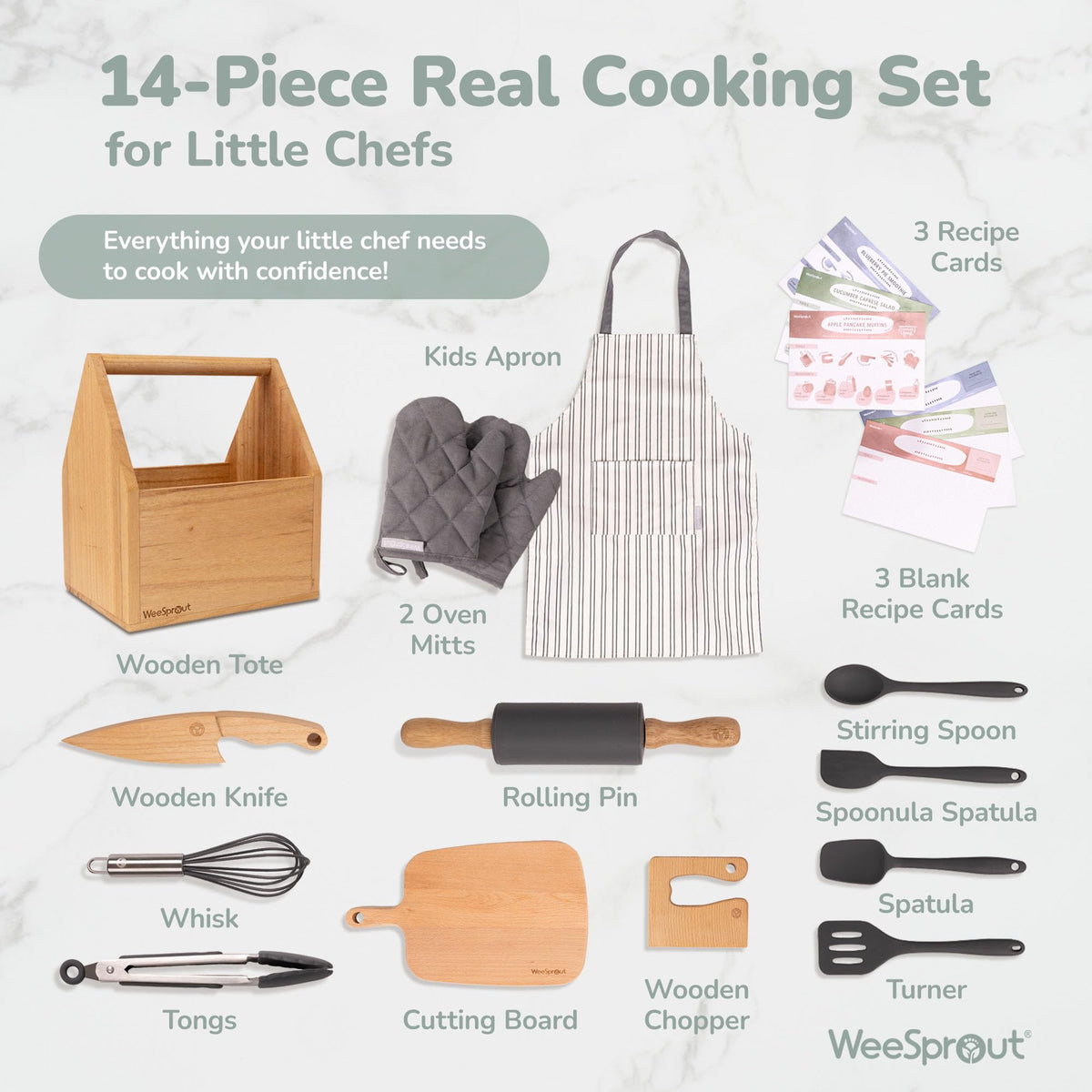 WeeSprout Little Chef kids oven mitts providing safe grip on utensils.