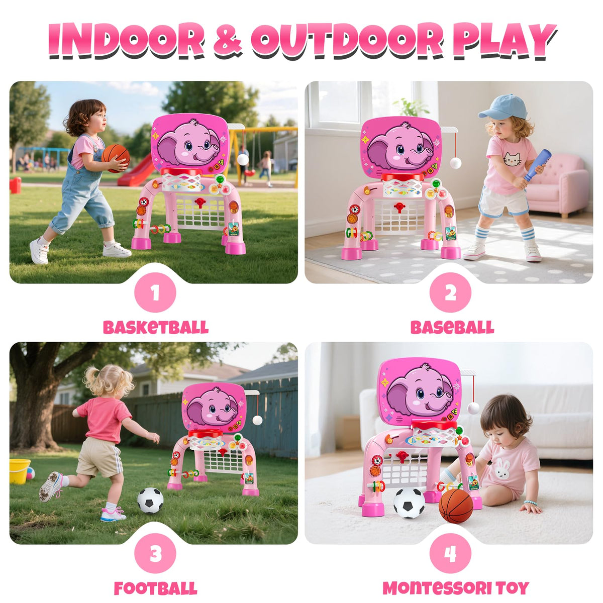 Wee Wonders toddler basketball hoop supports early hand-eye coordination.