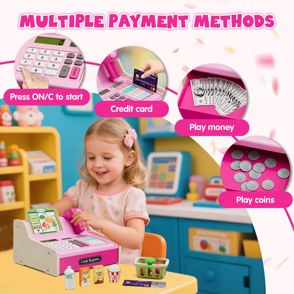 Wee Wonders wooden cash register credit card accessory supports card-based pretend purchases