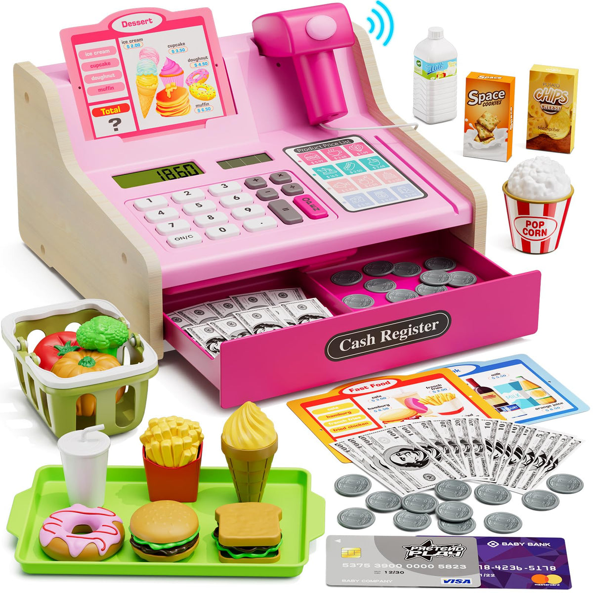 Wee Wonders wooden cash register with real calculator for math-enabled pretend shopping
