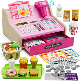 Wee Wonders wooden cash register with real calculator for math-enabled pretend shopping