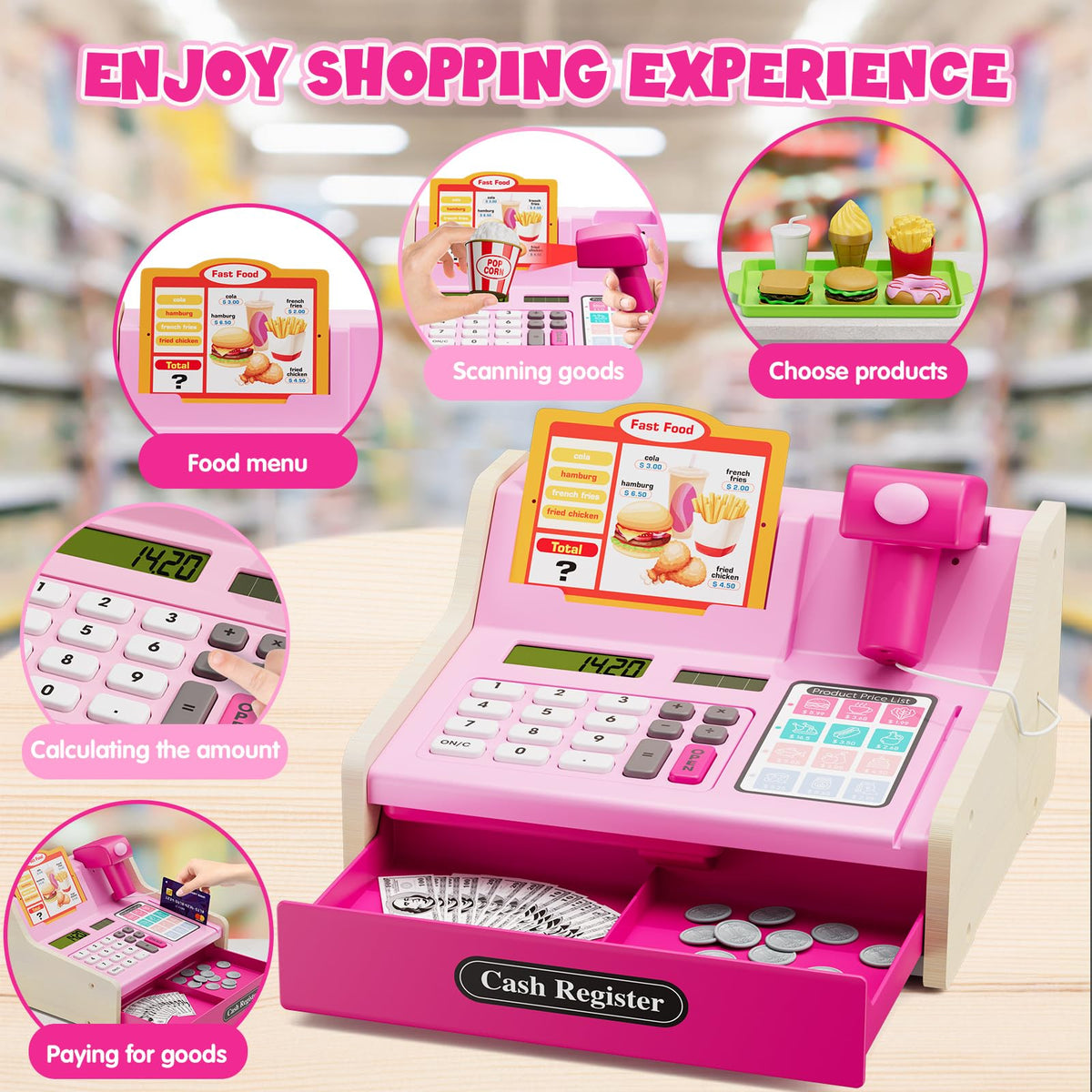 Wee Wonders wooden cash register scanner highlights interactive scanning for pretend play