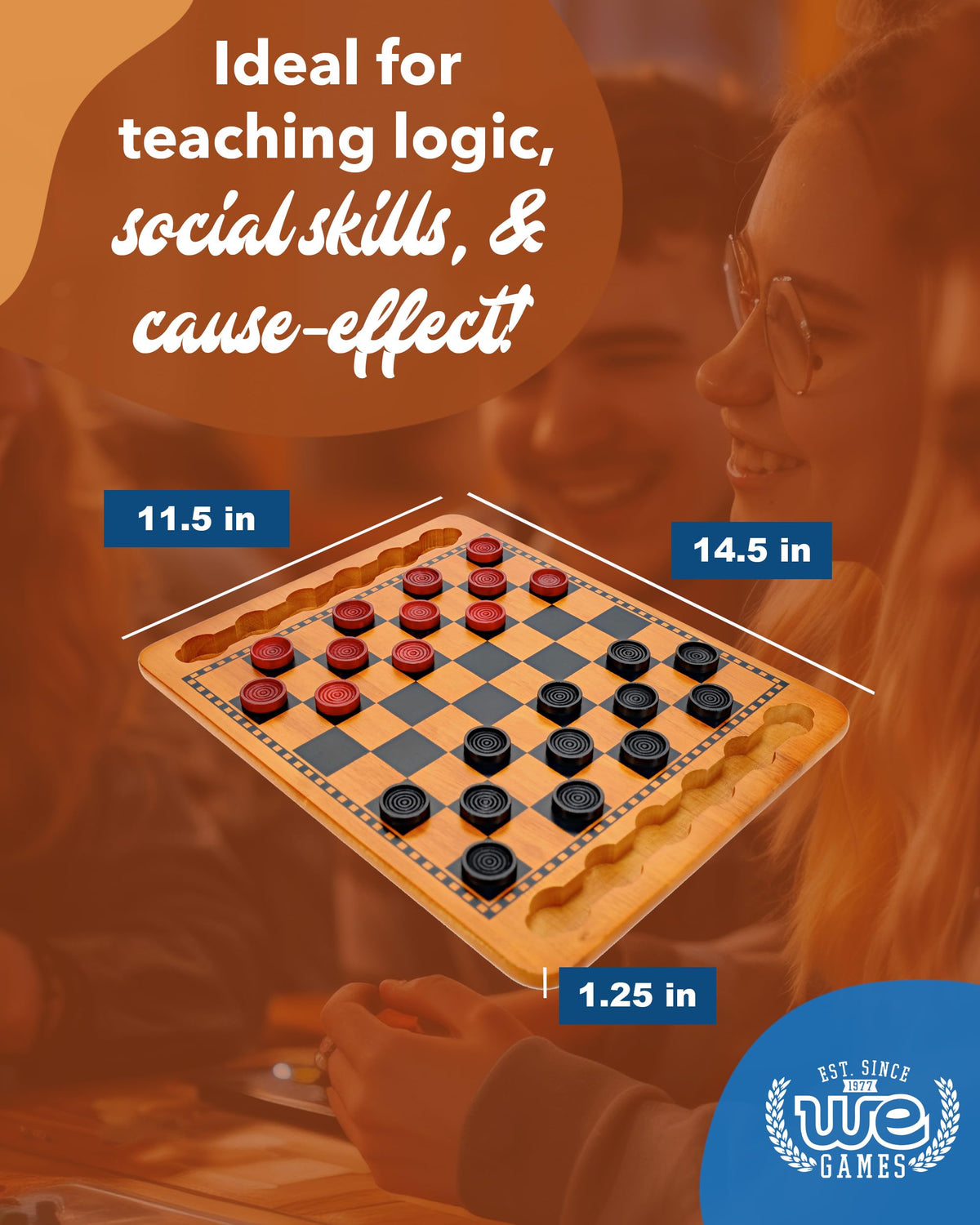 WE Games board with recessed grooves highlights organized play.