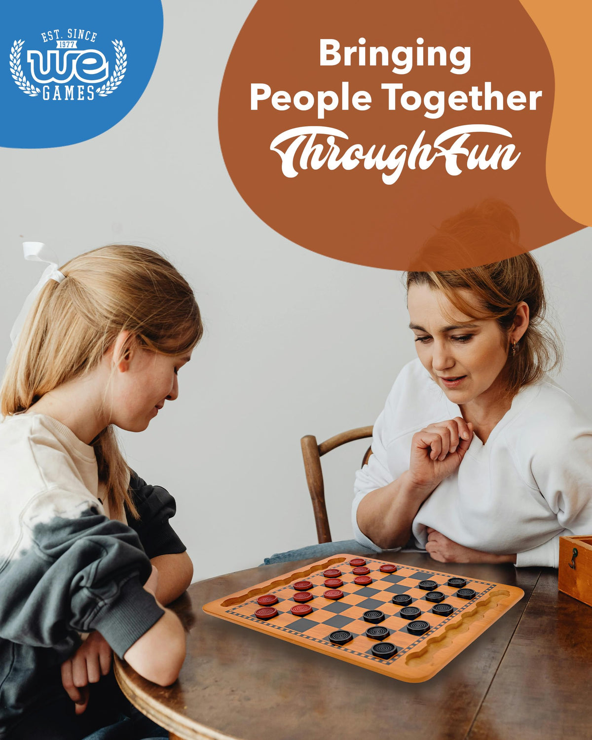 WE Games checkers set displayed on shelf showing quality craftsmanship.
