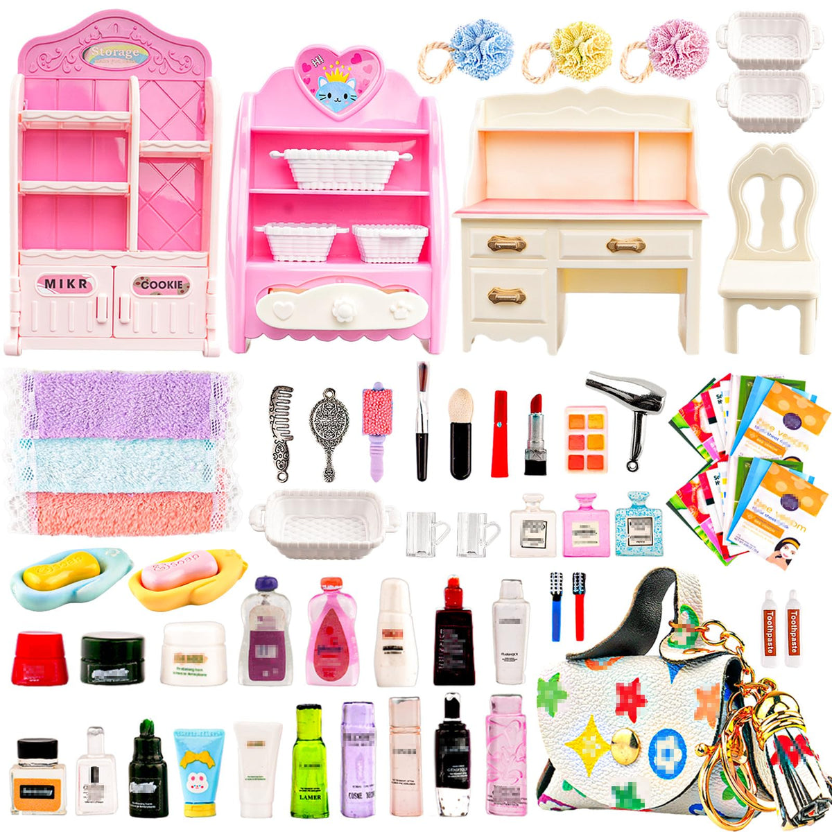WEHOO 74Pcs dollhouse bathroom set for imaginative play and decor.