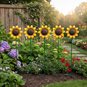 Weibefee sunflower wind spinner garden ornament, setup in sunny yard.