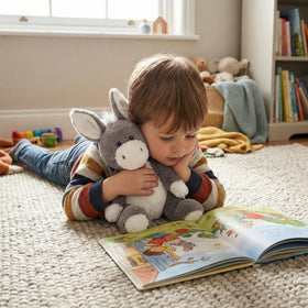 WEIGEDU gray donkey plush close-up of embroidered eyes and gentle expression.