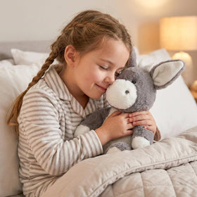 WEIGEDU gray donkey plush face close-up with embroidered eyes for safe play.