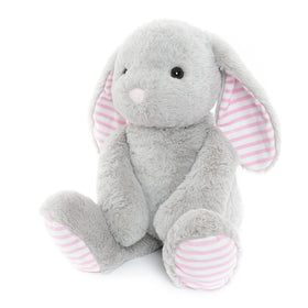 Gray bunny with blue-striped ears adds playful nursery charm.