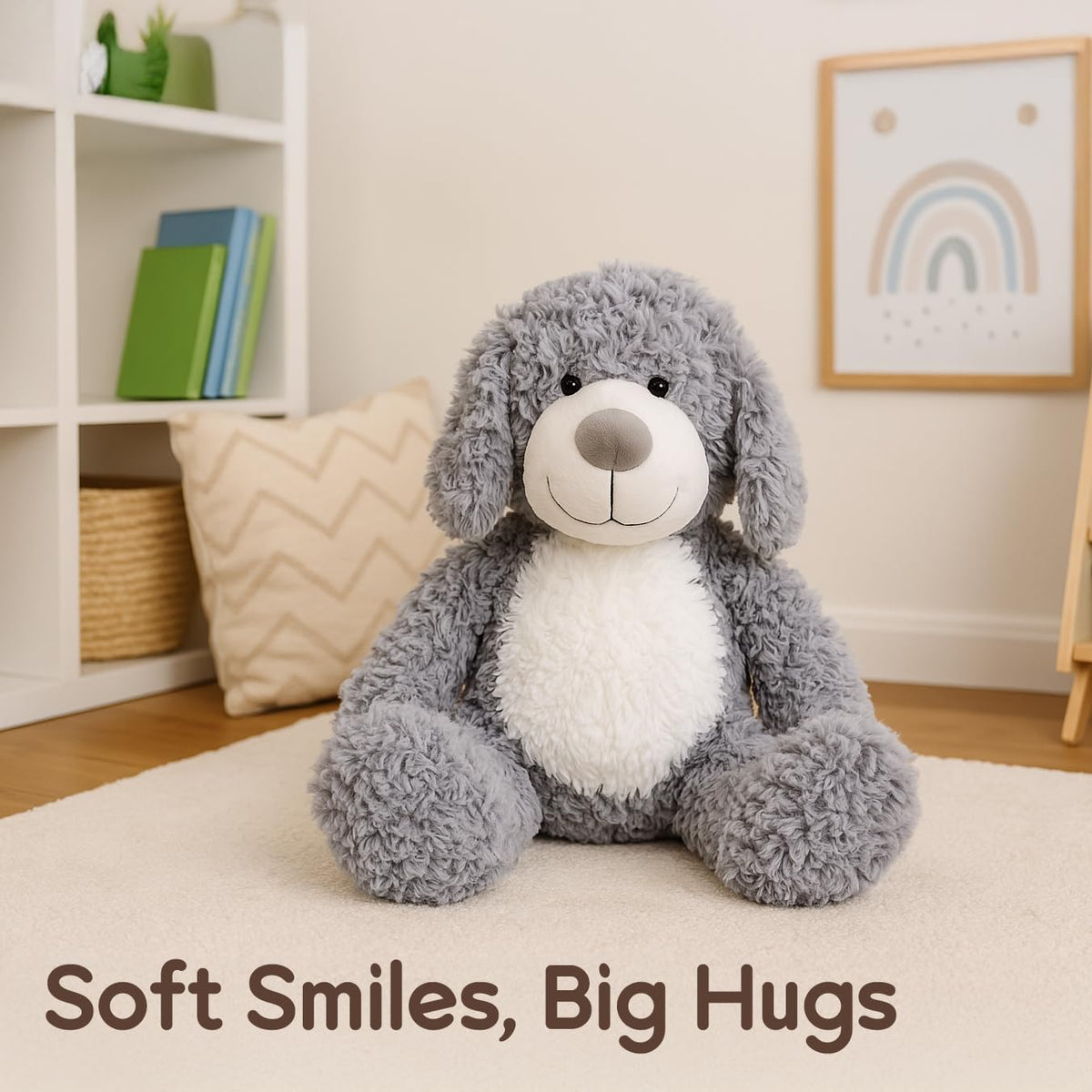 WEIGEDU Smiling Gray Puppy plush gift-ready packaging hints at celebration