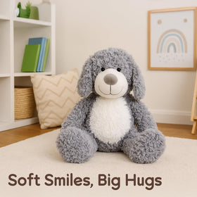 WEIGEDU Smiling Gray Puppy plush gift-ready packaging hints at celebration