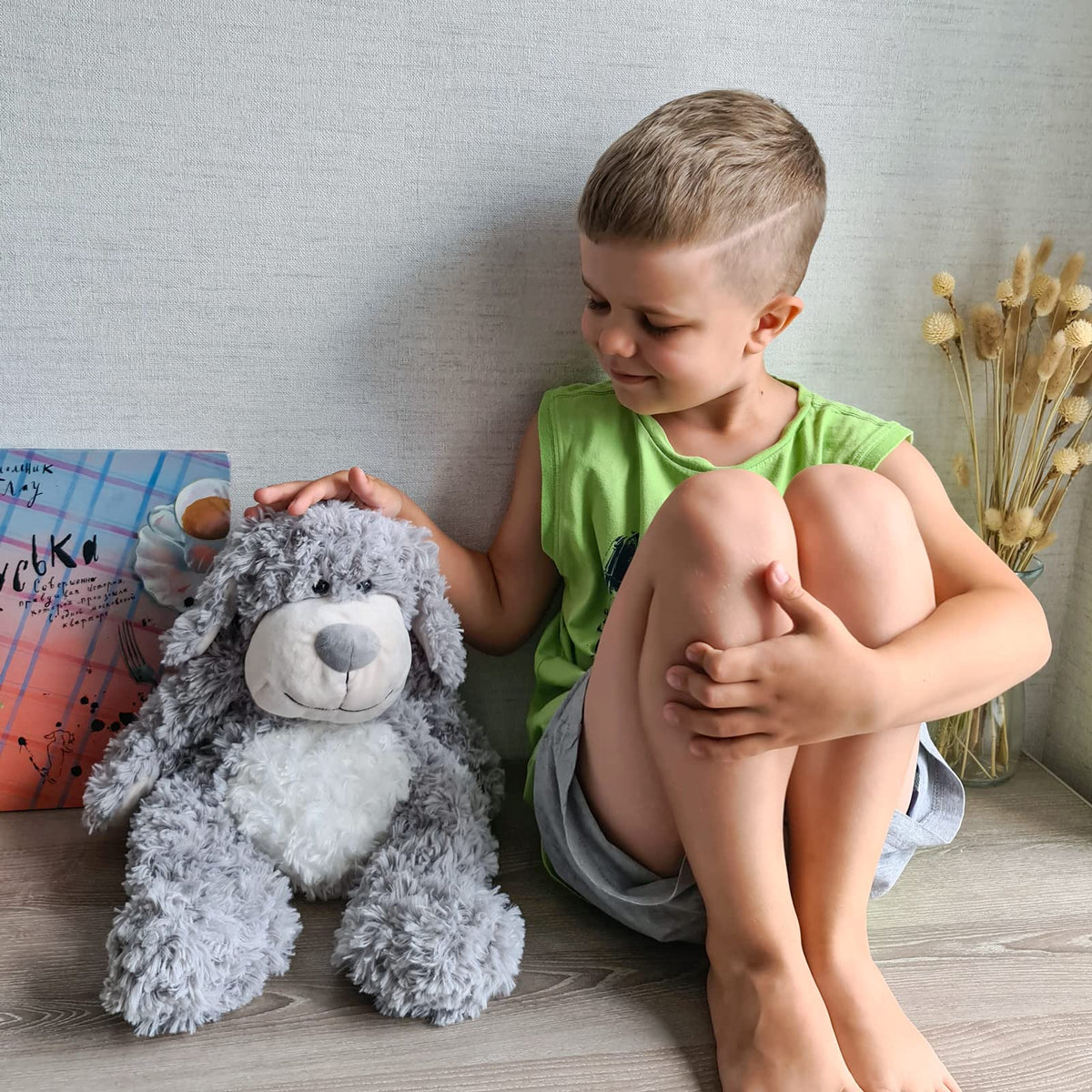 WEIGEDU Smiling Gray Puppy plush soft fur feels comforting during snuggles