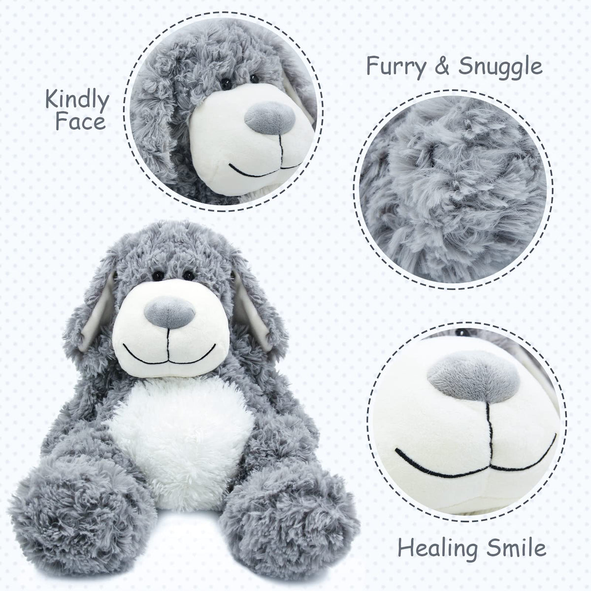 WEIGEDU Smiling Gray Puppy plush white belly adds contrast for cute display
