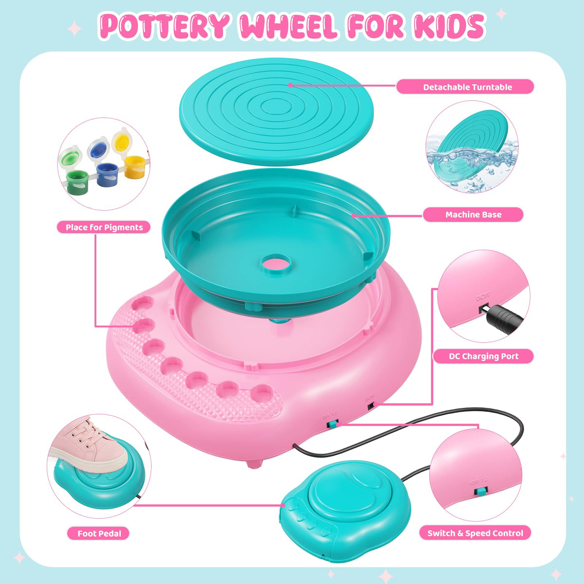 Weilem USB-powered pottery wheel offers flexible play anywhere.