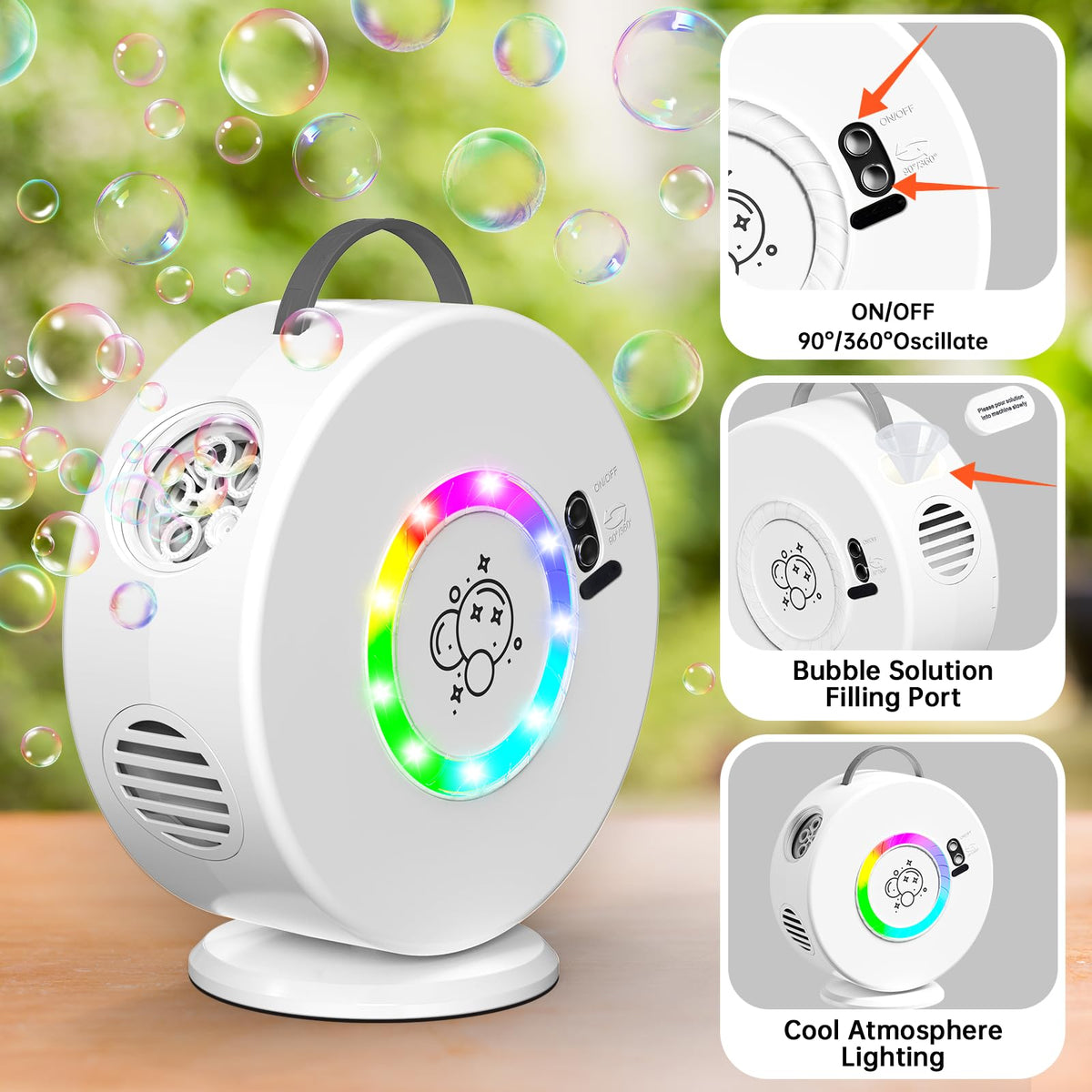 Weilim bubble blower with LED-lights adds colorful glow for parties.