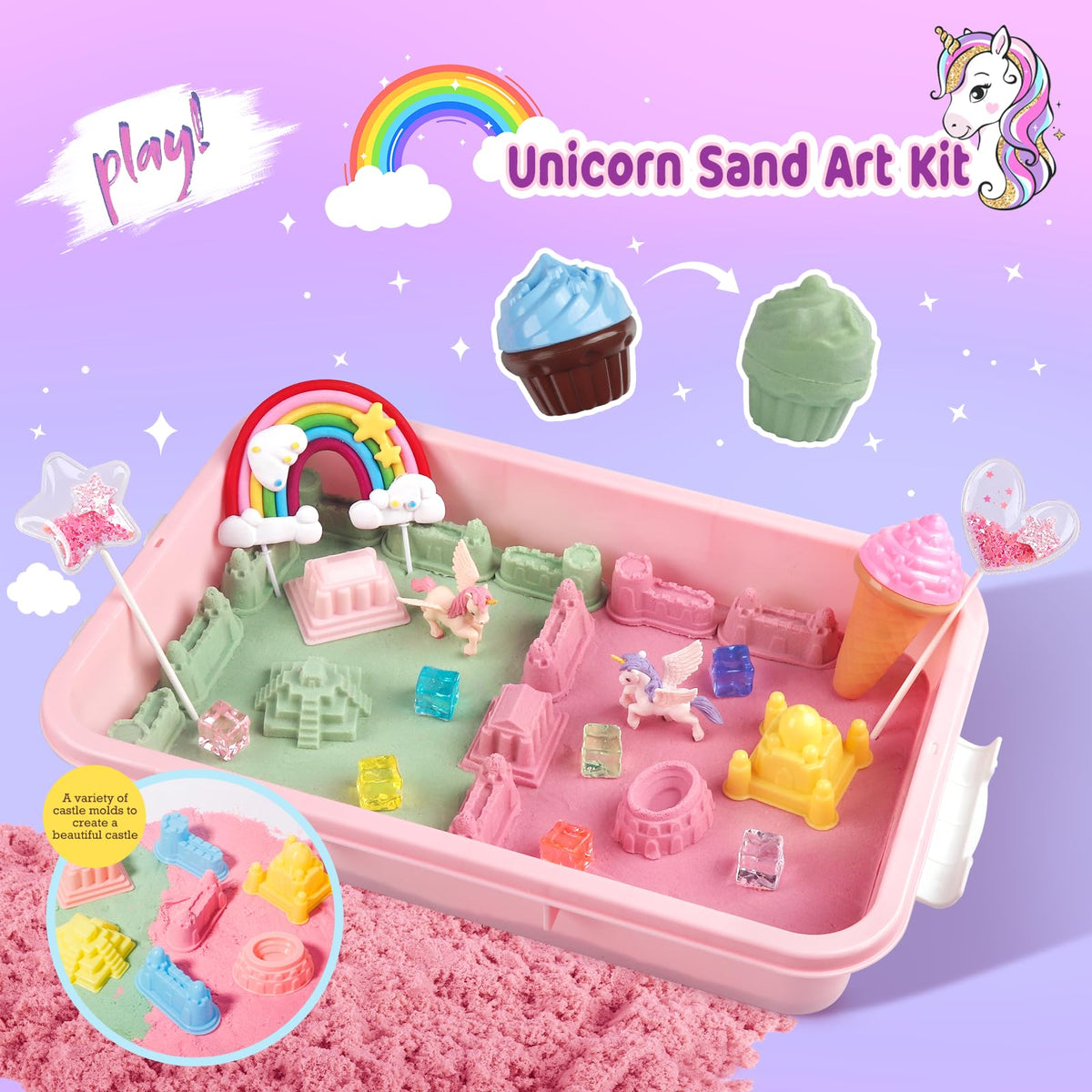 Weilim magic sand in two colors that sticks for easy shaping.