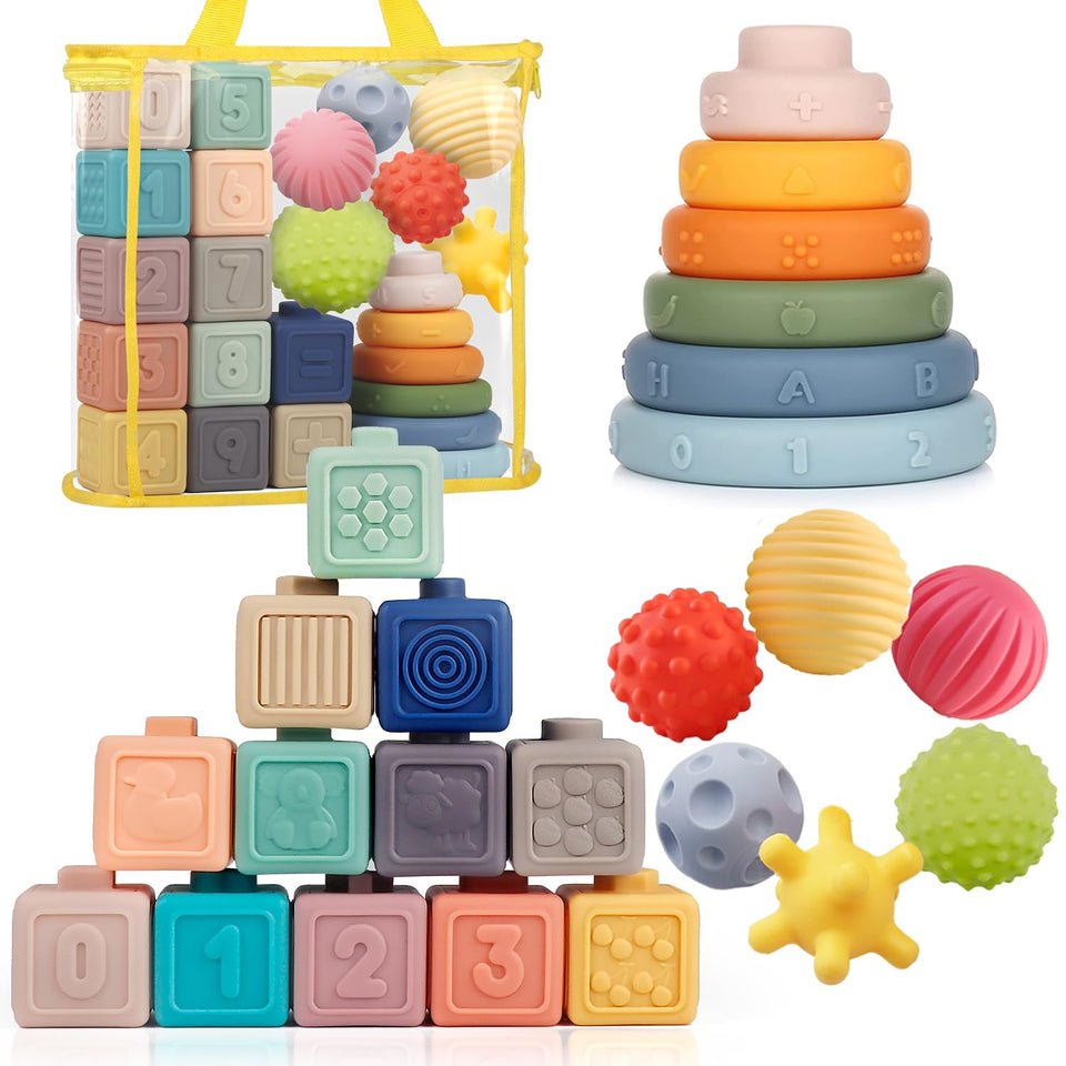 Weilim Montessori soft stacking blocks for babies with safe chewability and tactile play