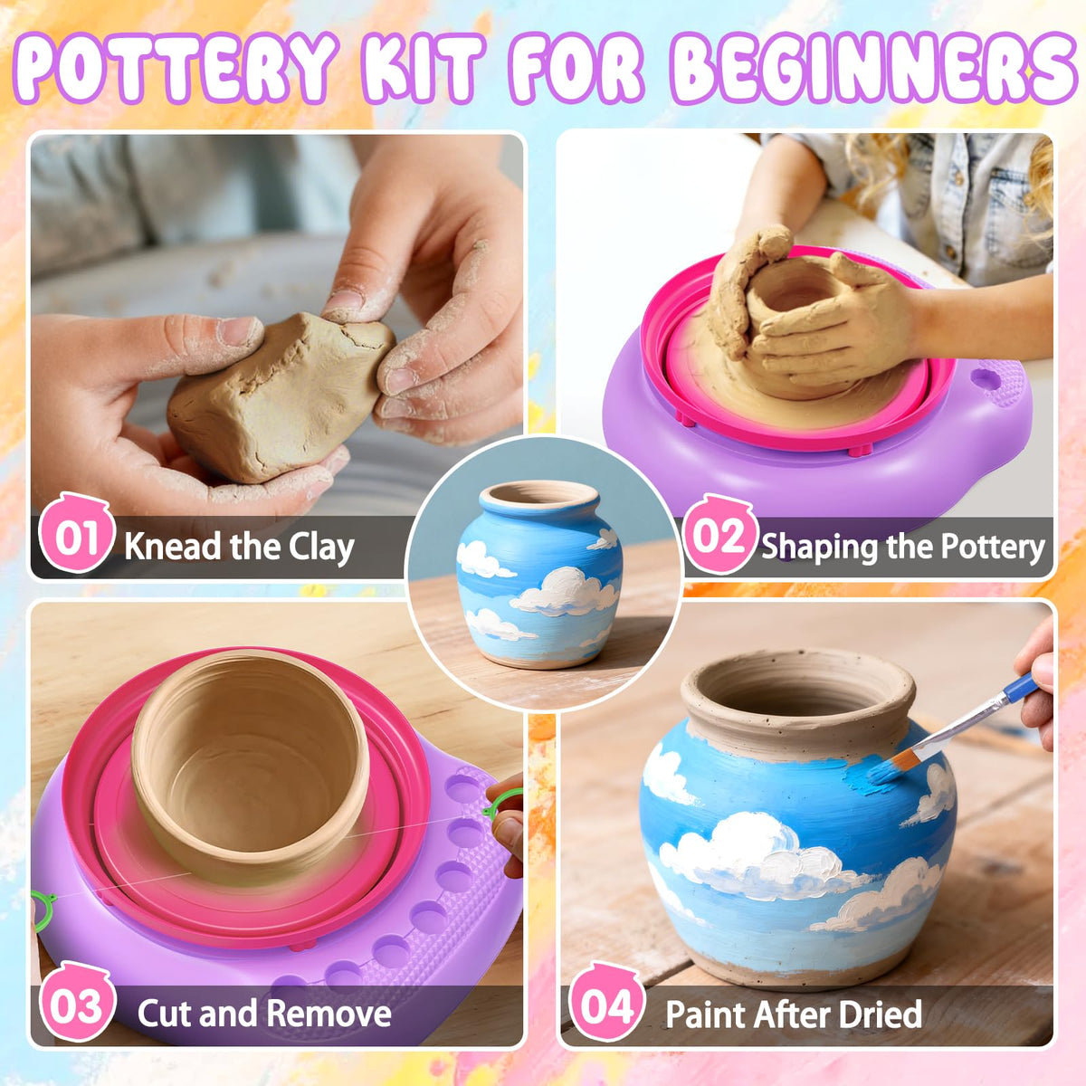 Weilim Pottery Wheel Kids Kit in action for painting and shaping clay