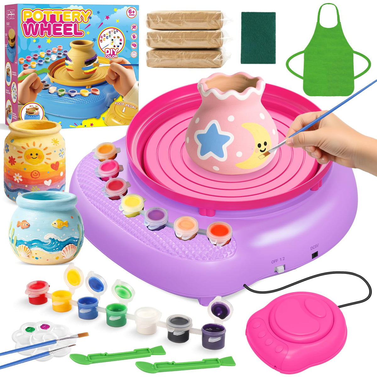 Weilim Pottery Wheel Kids Kit packaging showing all components for creative play