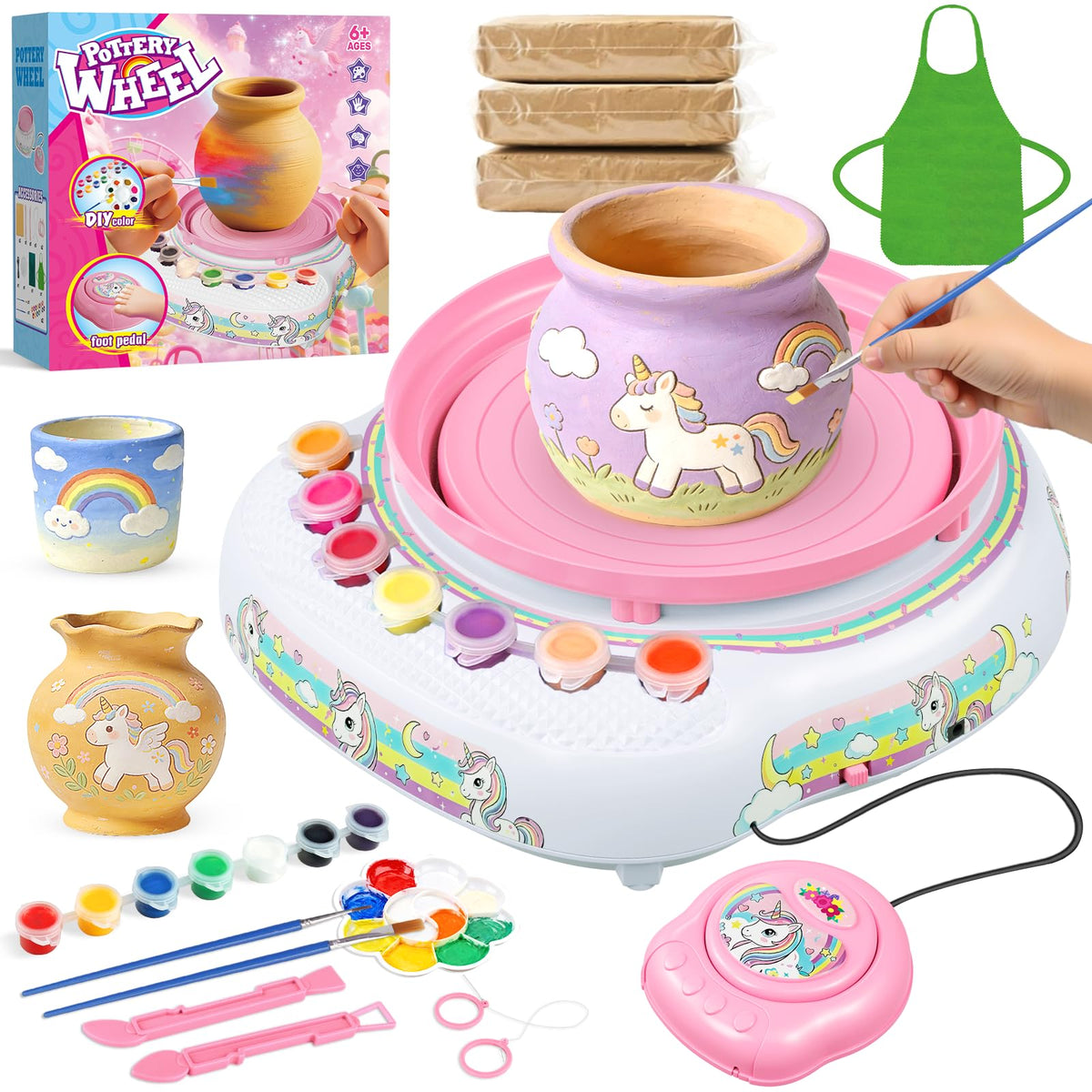 Weilim pottery wheel for kids setup showing an all-in-one creative kit for beginners.