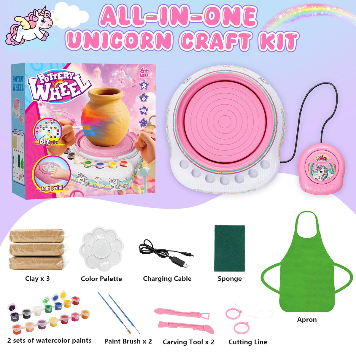 Weilim pottery wheel kit contents displayed for easy, mess-free art projects at home.