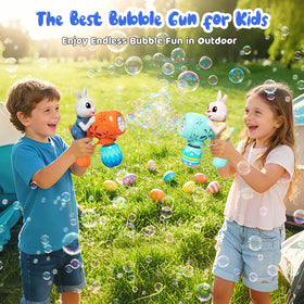Weilim rabbit-shaped bubble blower design at Easter-themed setup.