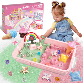Weilim Unicorn Sensory Bin with storage box and colorful sand for mess-free play.