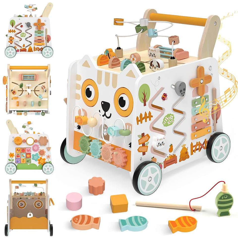 Weilim wooden baby walker front view shows a stable base for safe first steps