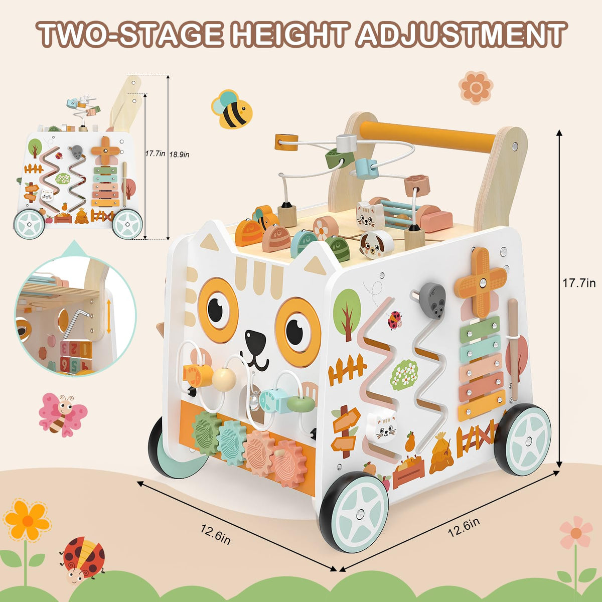 Weilim wooden baby walker side view highlights anti-skid wheels on multiple floors