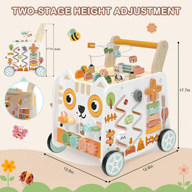 Weilim wooden baby walker side view highlights anti-skid wheels on multiple floors