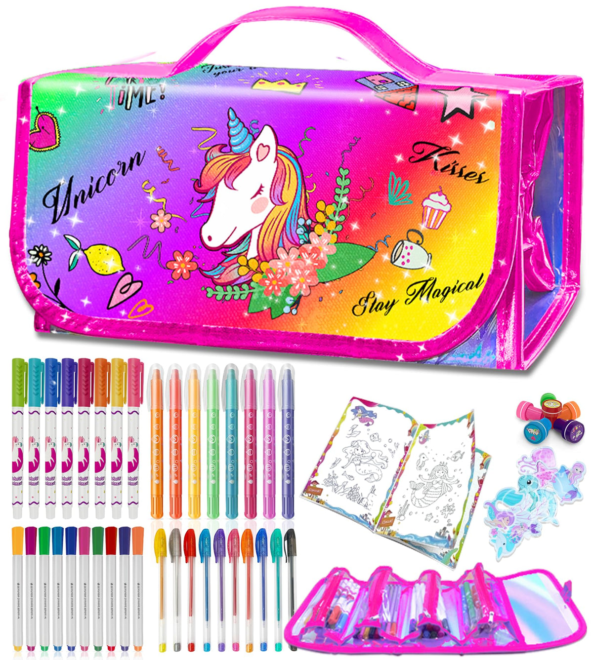 Weirtoya 56-pcs washable markers with glitter case for kids' colorful art projects.