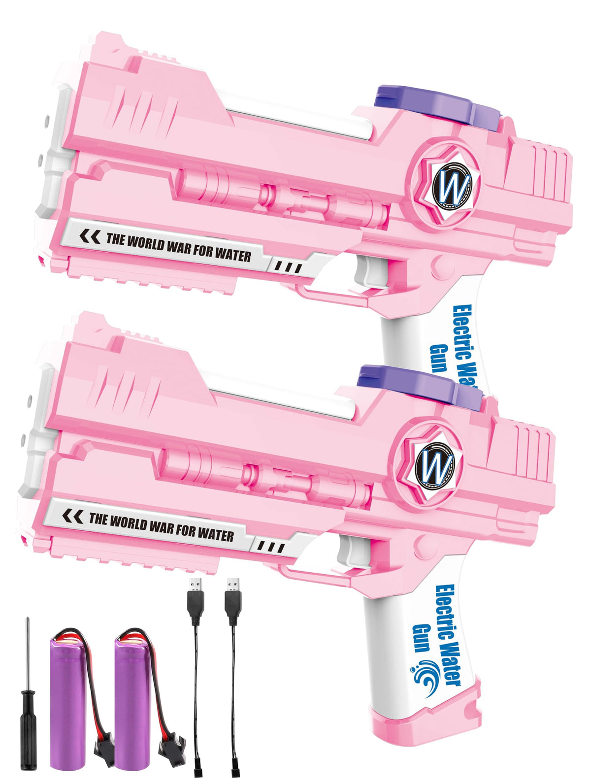 Weirtoya electric water gun with dual nozzle for faster splash and extended fun.