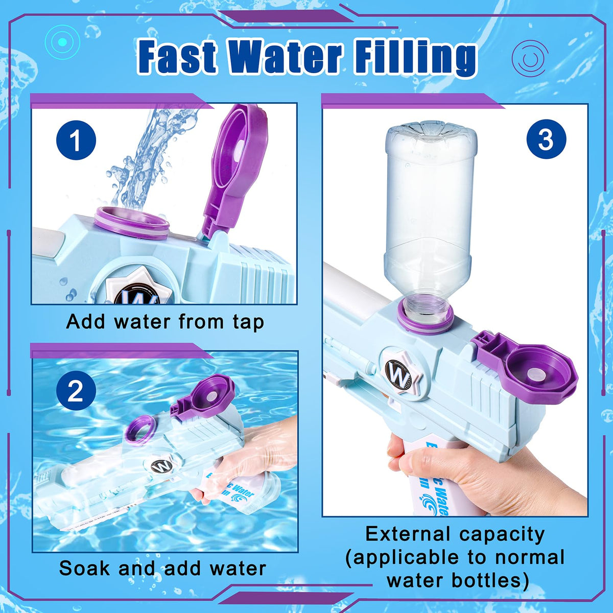 Weirtoya electric water gun is fully soakable with waterproofing for quick refills