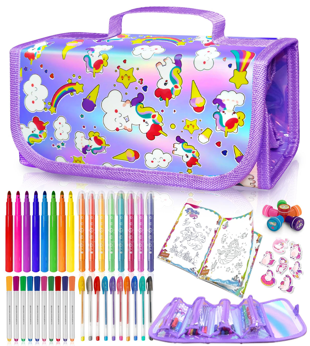 Weirtoya mermaid unicorn art kit purple case open for creative coloring