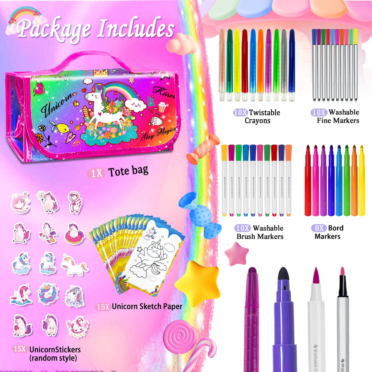 Weirtoya unicorn travel kit showing color markers organized in compartments