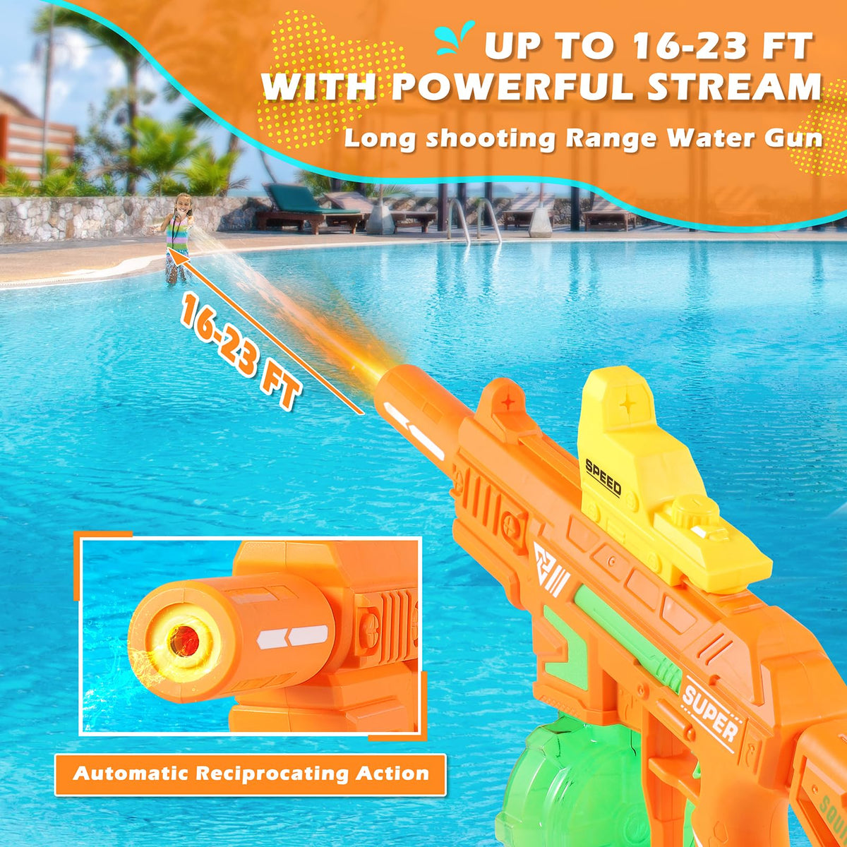 Weirtoya water gun shows laser sight for precise aim by the pool or yard.