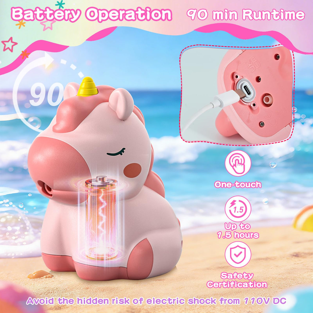 Interactive water spray from the unicorn mouth invites imaginative play.