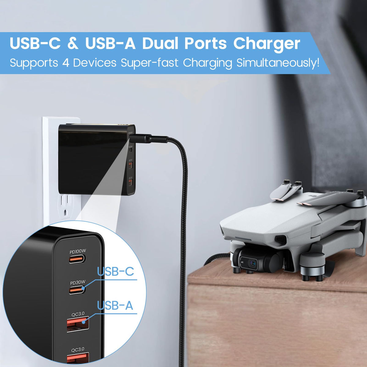 Weishan PD100W wall charger for Avata, compact and sturdy for field use.