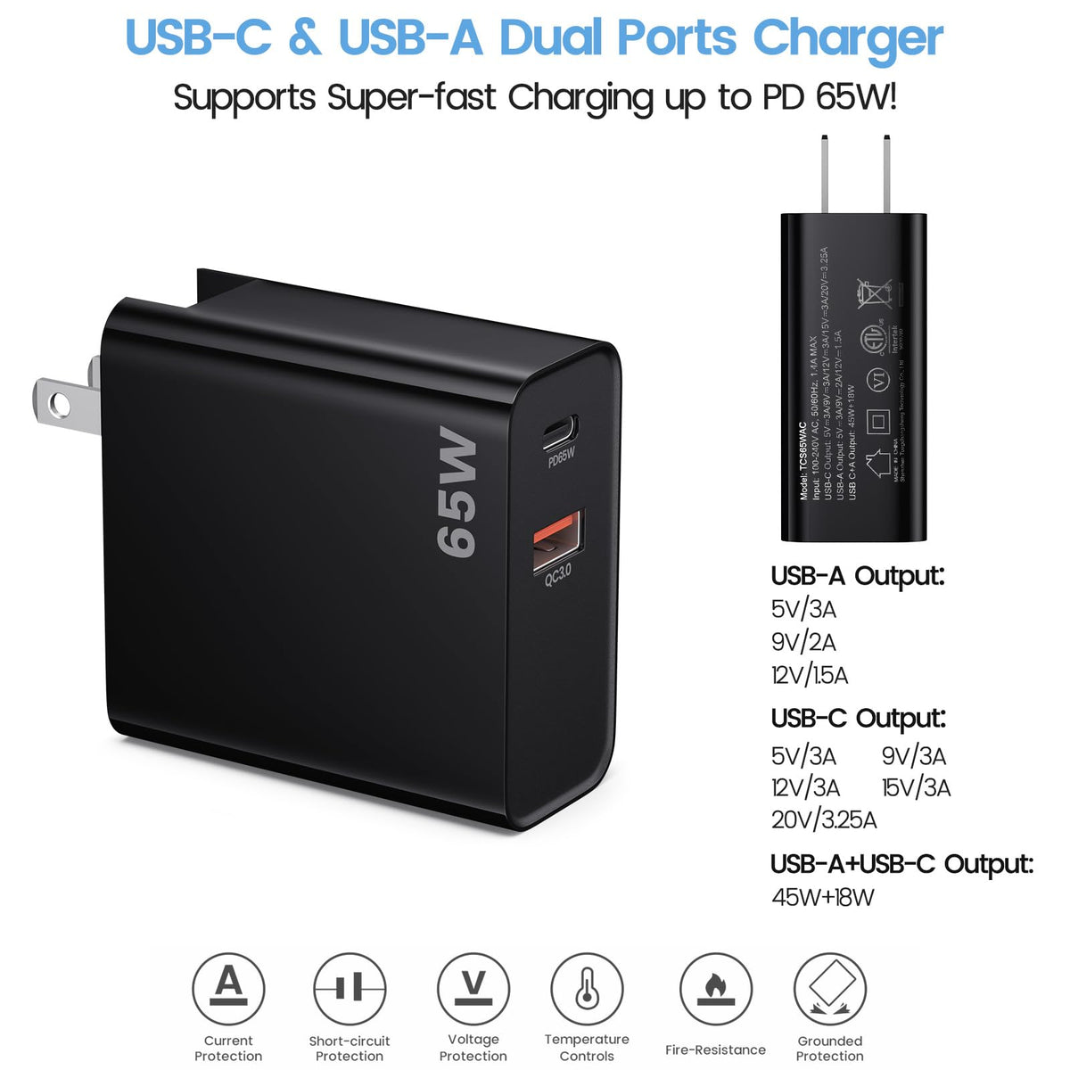 Close-up of aluminum alloy plug on Weishan PD65W charger for durability.