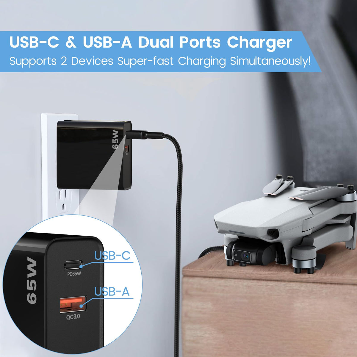 Weishan PD65W charger showing broad DJI compatibility for multiple models.