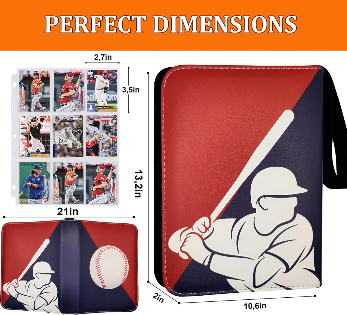 Welcomeella baseball card binder 900 pockets spine view shows 3-ring design for easy refilling.