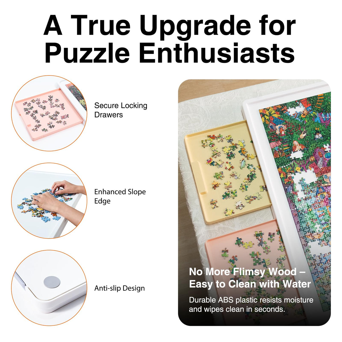 WELGEE color-coded drawers on the puzzle board for quick sorting by color or section.