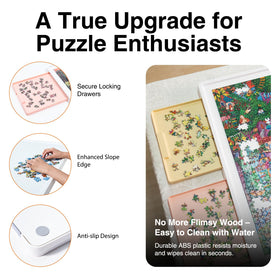 WELGEE color-coded drawers on the puzzle board for quick sorting by color or section.