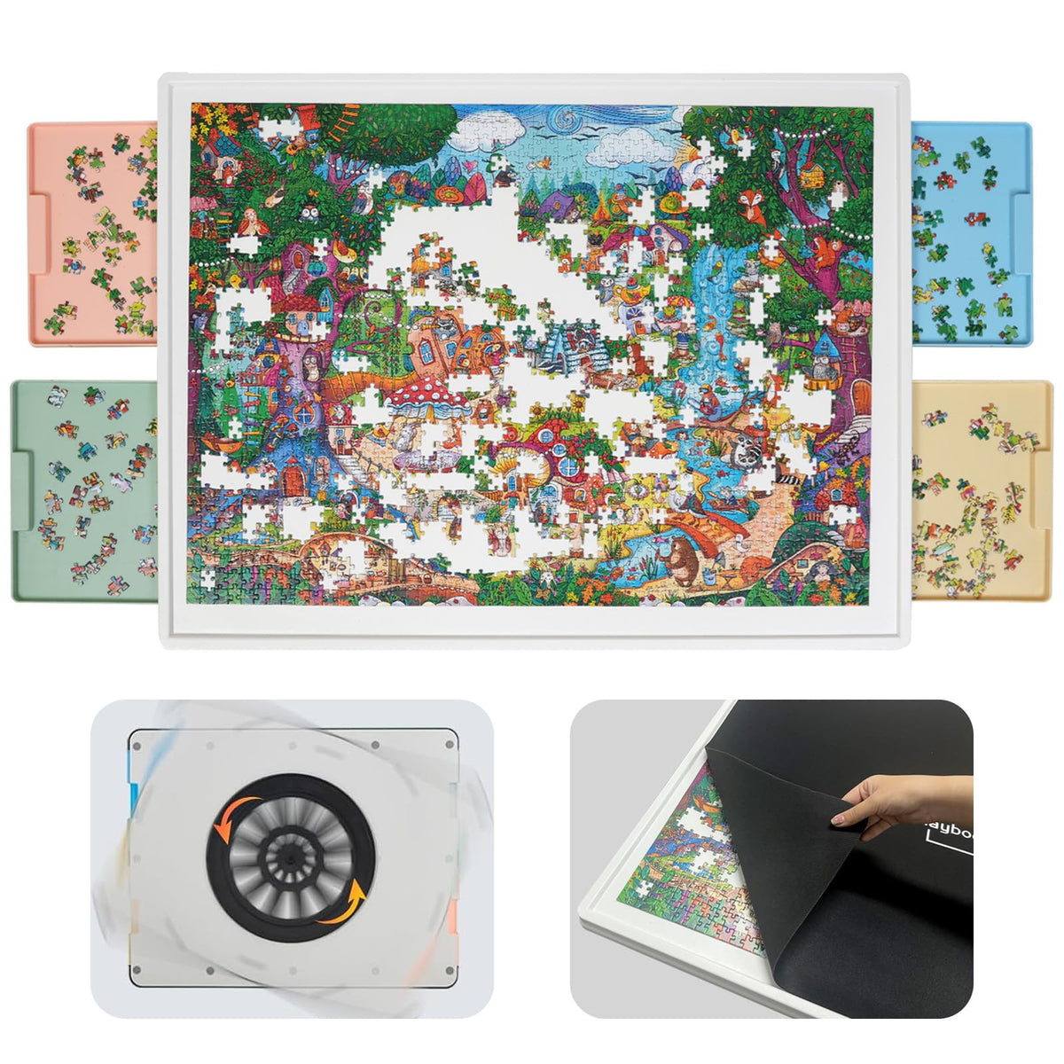WELGEE 1500-piece white puzzle board with color-coded drawers for organized sorting.