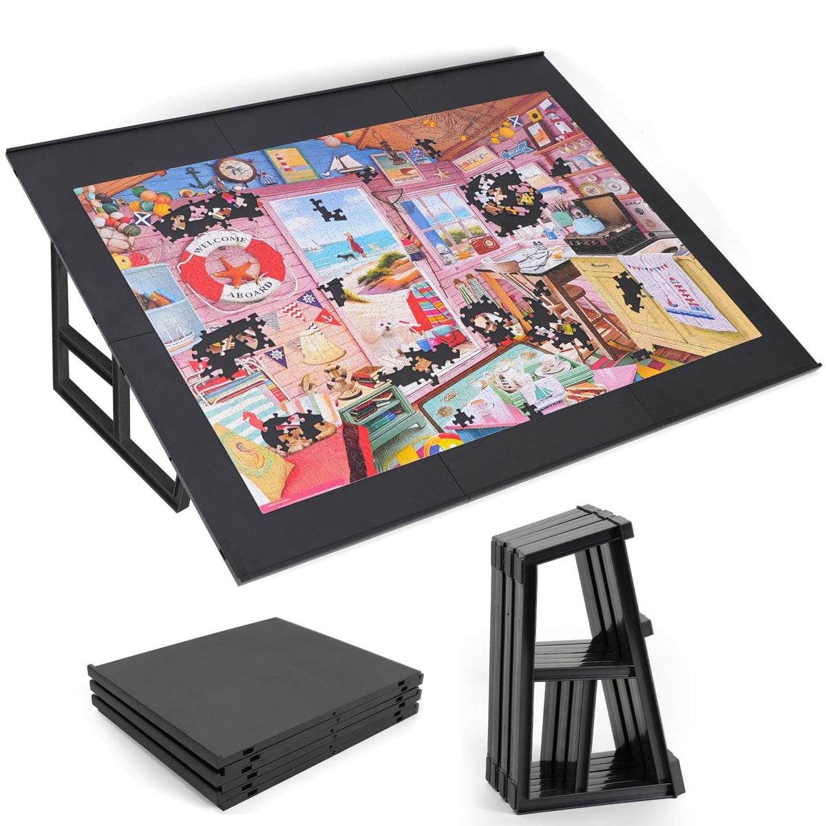 WELGEE tilting puzzle board with stand for comfortable, adjustable viewing