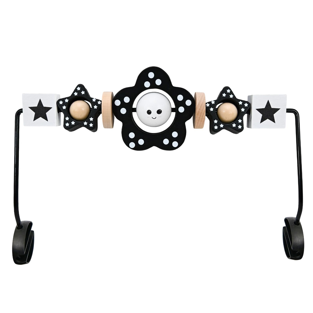 Welgep wooden toy bar attachment on a baby bouncer showing a secure install for safe play
