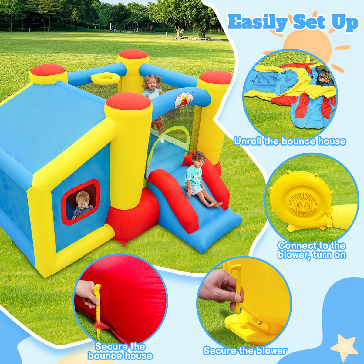 WellFUNTIME bounce house basketball rim encourages tossing games and teamwork