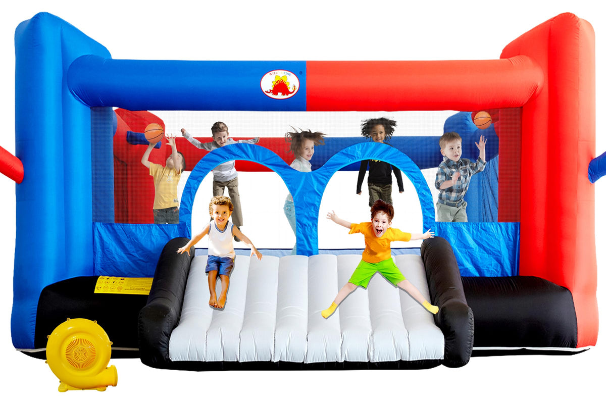 WELLFUNTIME bouncy castle displays blue and red style for vibrant backyard fun and active play