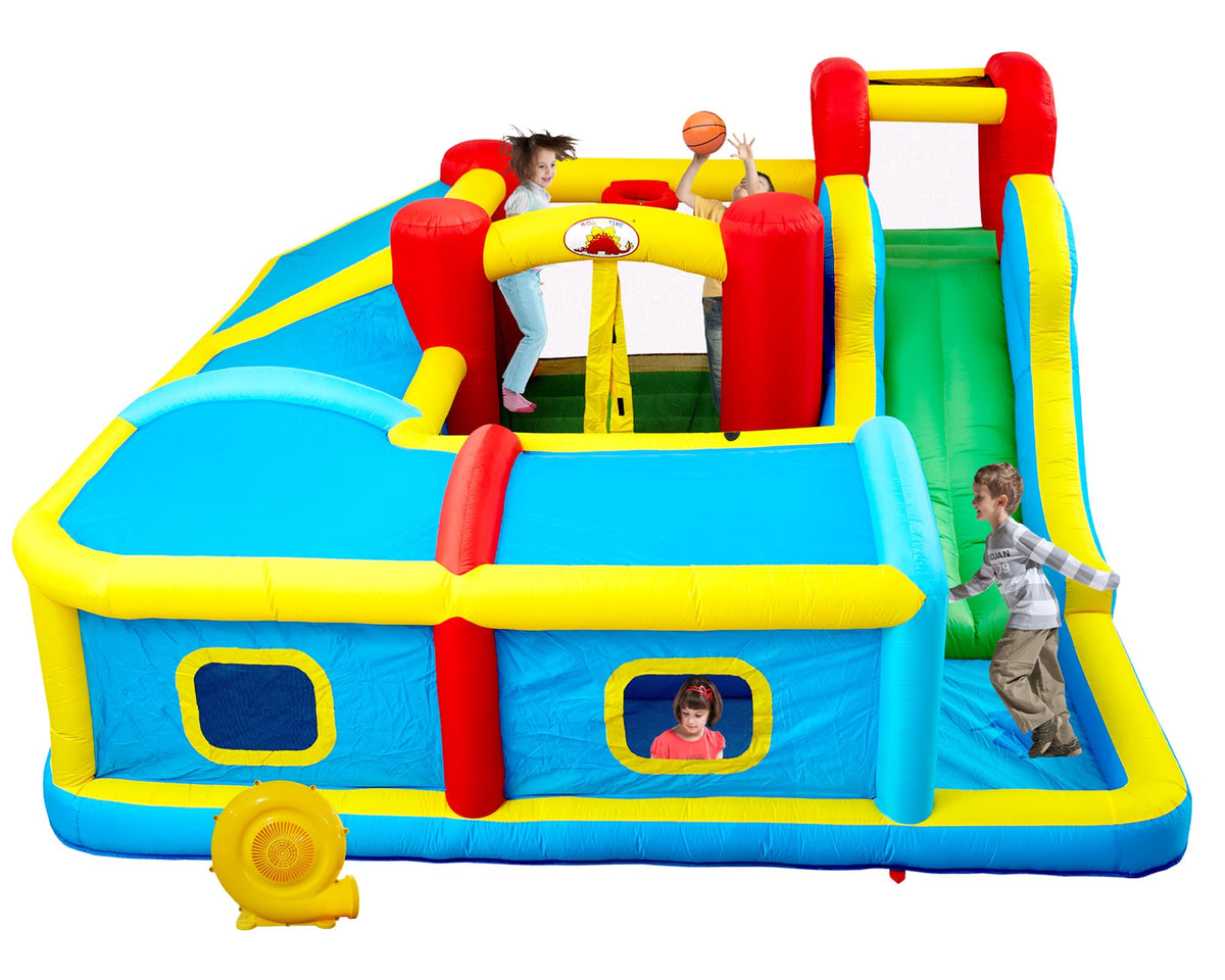 WELLFUNTIME inflatable bounce house front view with slide for family fun and easy setup.